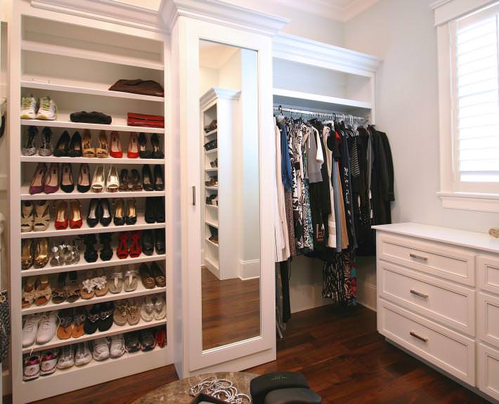 shoe storage,full length mirror,dressing room,custom closets,classic white