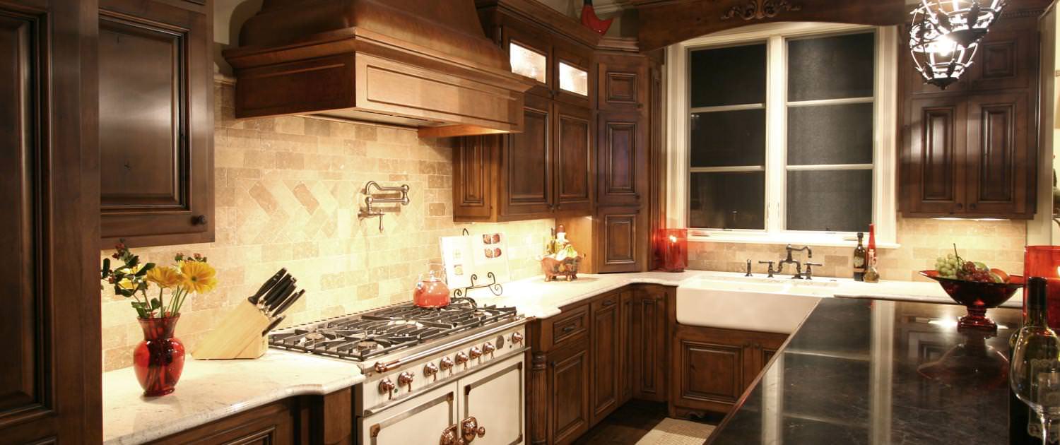 window cornice,faux copper hood,pot filler,kitchen,tile back splash
