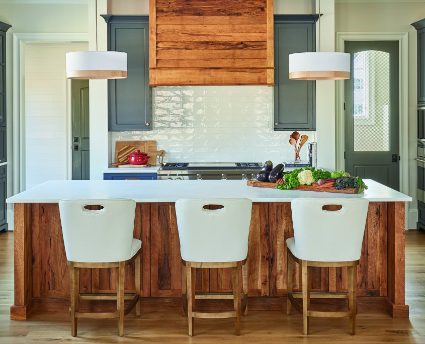 reclaimed wood kitchen island, custom wood hood, rustic kitchen island, modern farmhouse kitchen, blue kitchen cabinets