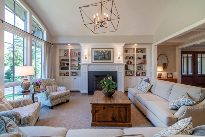 living room with a large entertainment center