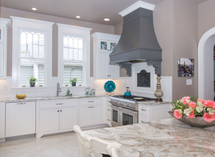 white kitchen with a grey hood
