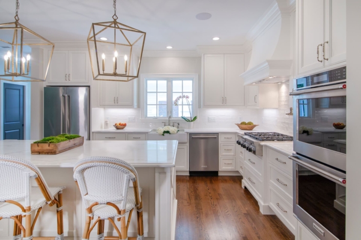 white kitchen and island with plant decor