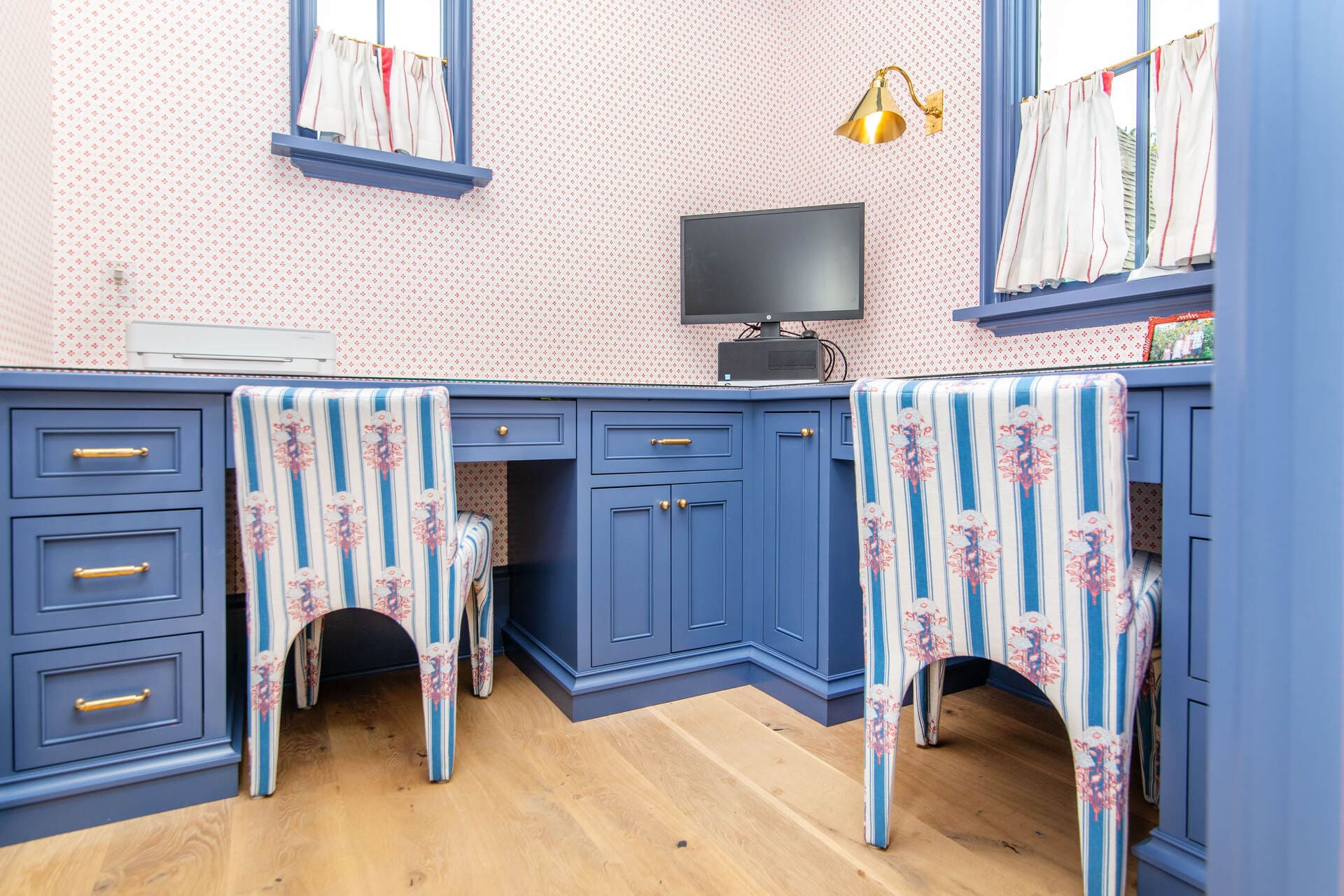 blue office with wallpaper