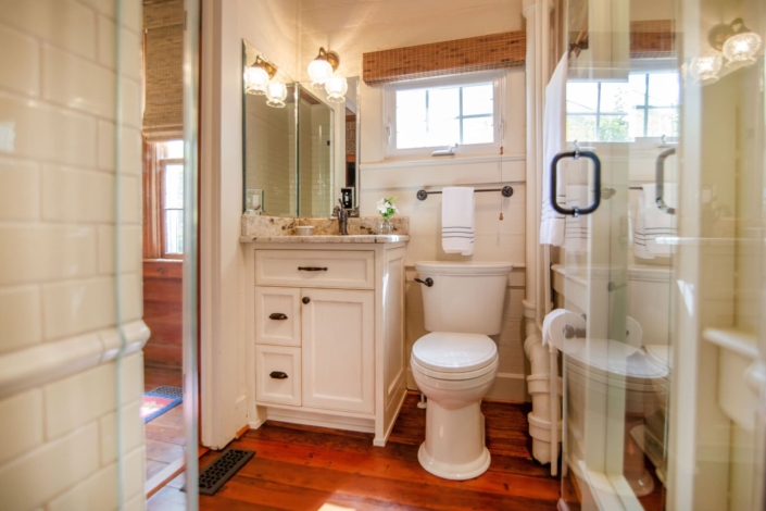 small farmhouse bathroom with a shower