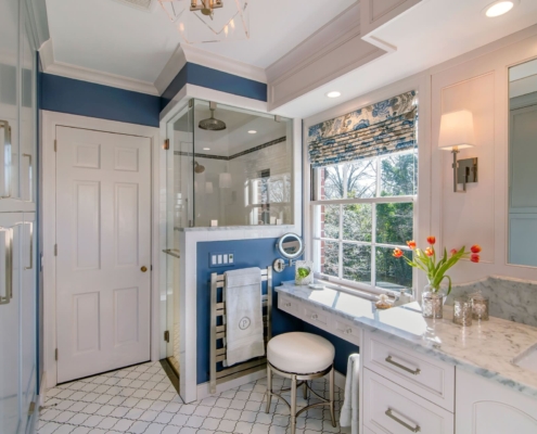 bathroom with a big window and shower