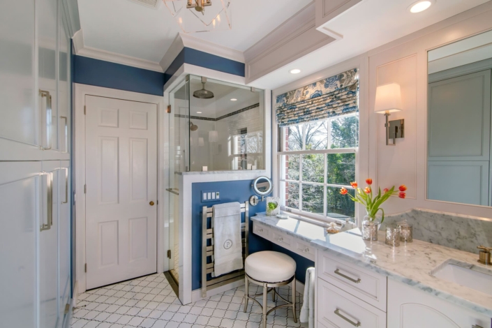 bathroom with a big window and shower