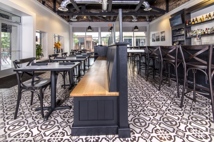 black bench seating in a restaurant