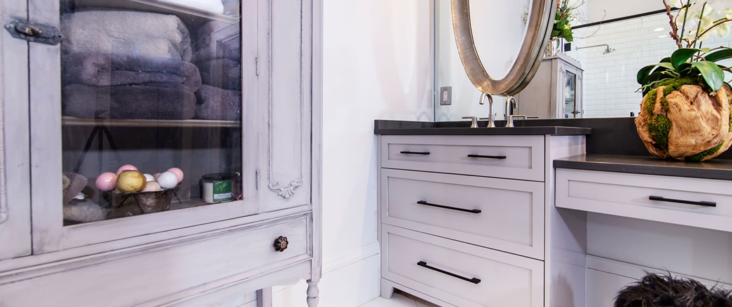 grey bathroom vanity and hutch