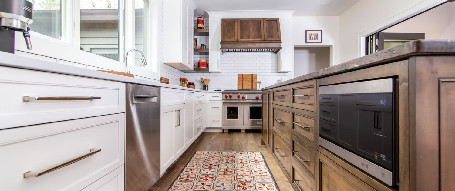 brown island in a white kitchen