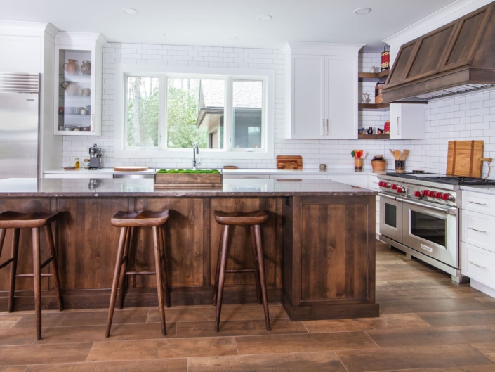 white kitchen with barstools