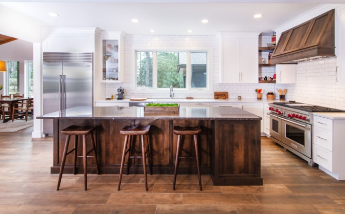 large kitchen with a brown island