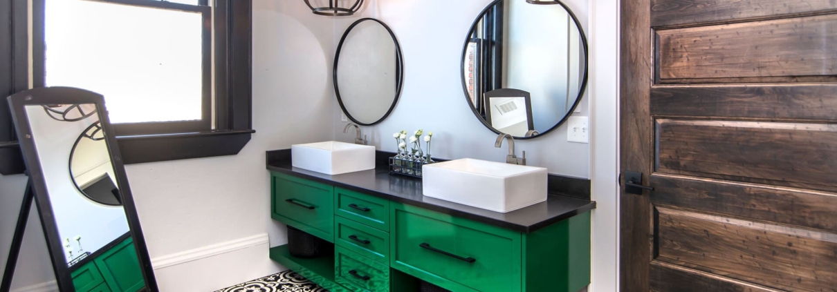 green bathroom with tile floors
