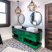 green bathroom with tile floors