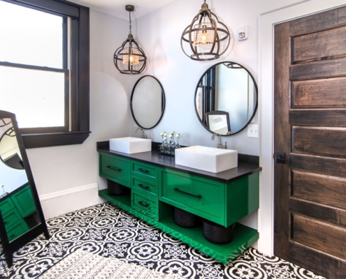 green bathroom with tile floors
