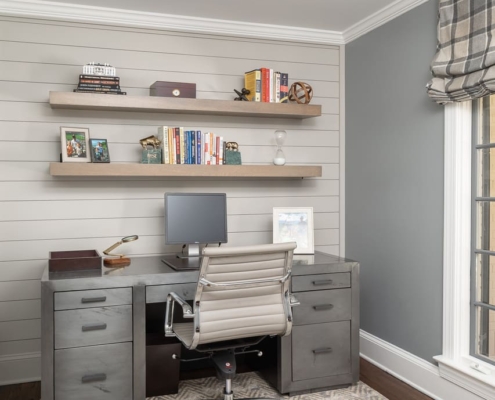 office with floating shelves