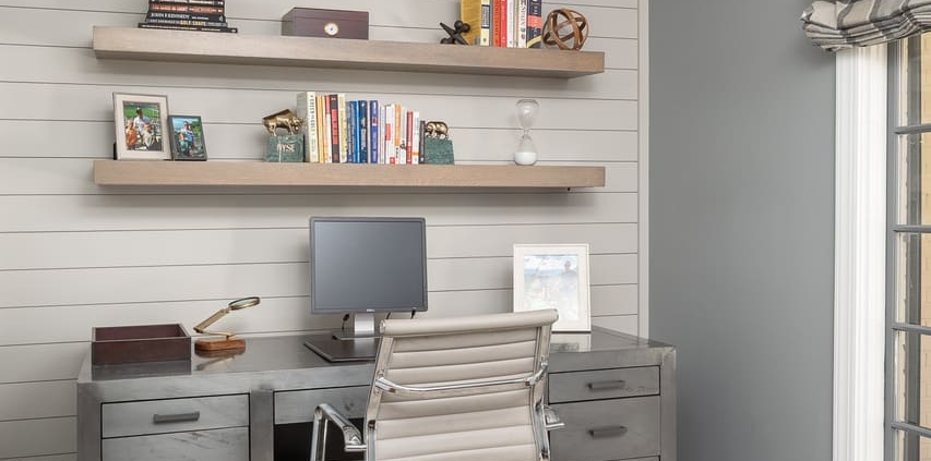 office with floating shelves