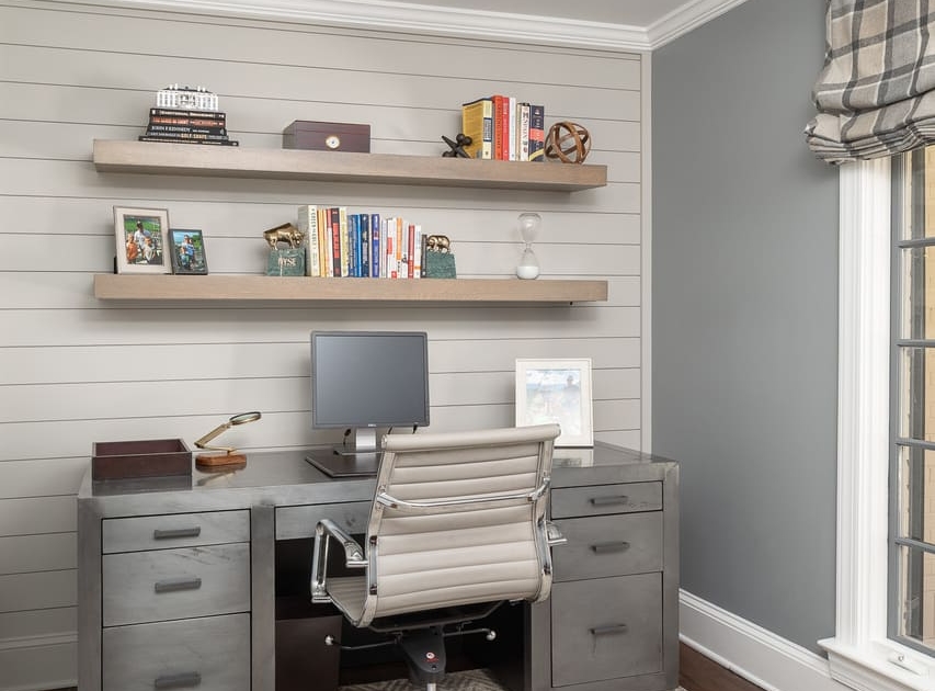 office with floating shelves