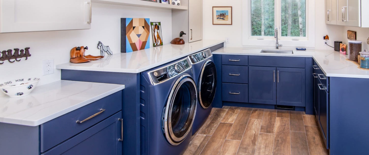 blue laundry room with windows