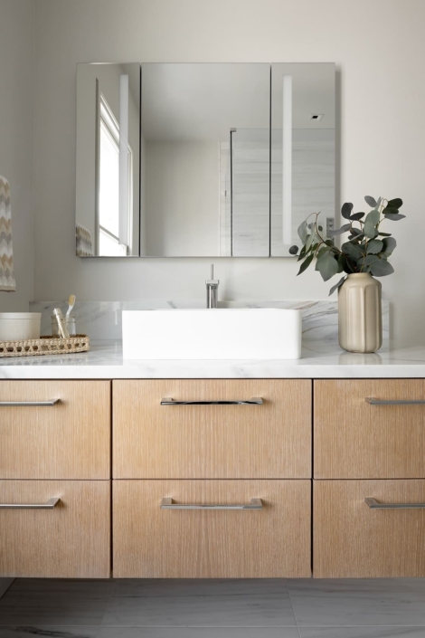 floating bathroom vanity with a plant