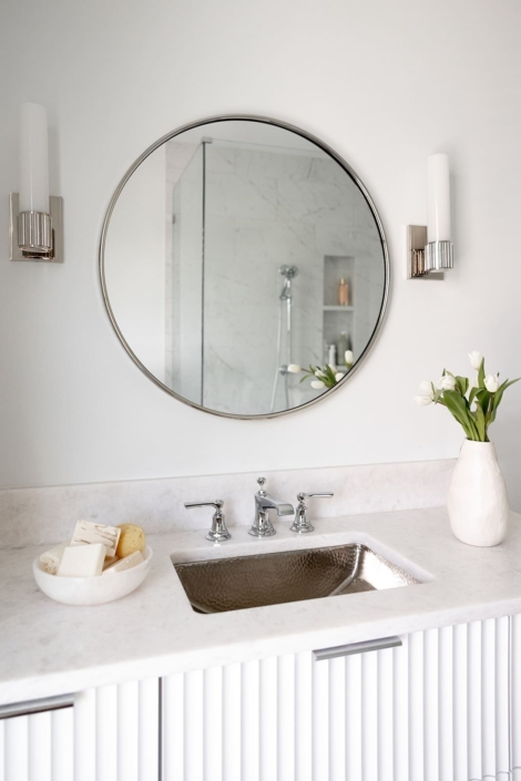 white vanity with a mirror