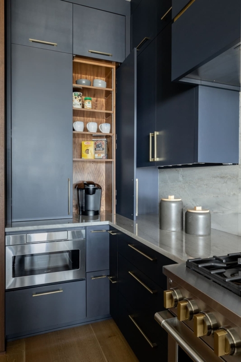 blue kitchen with pantry storage
