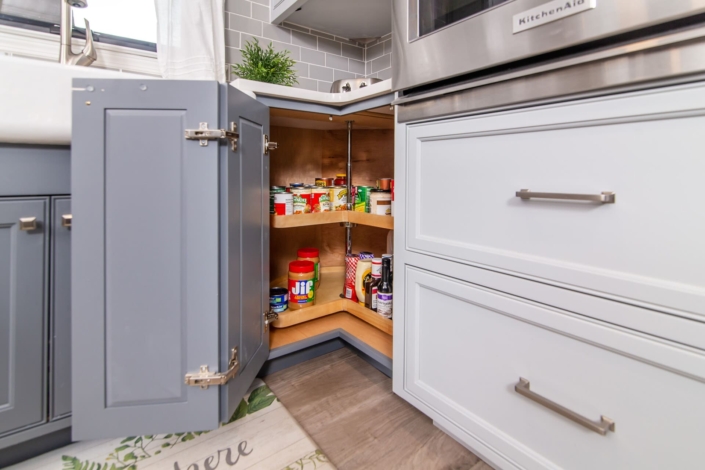 lazy susan in blue kitchen