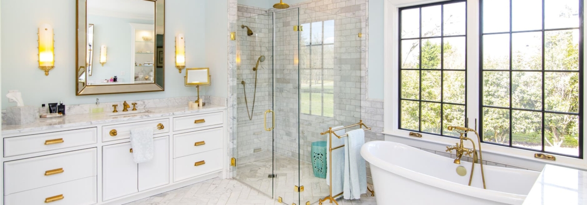 bathroom with a glass walk in shower