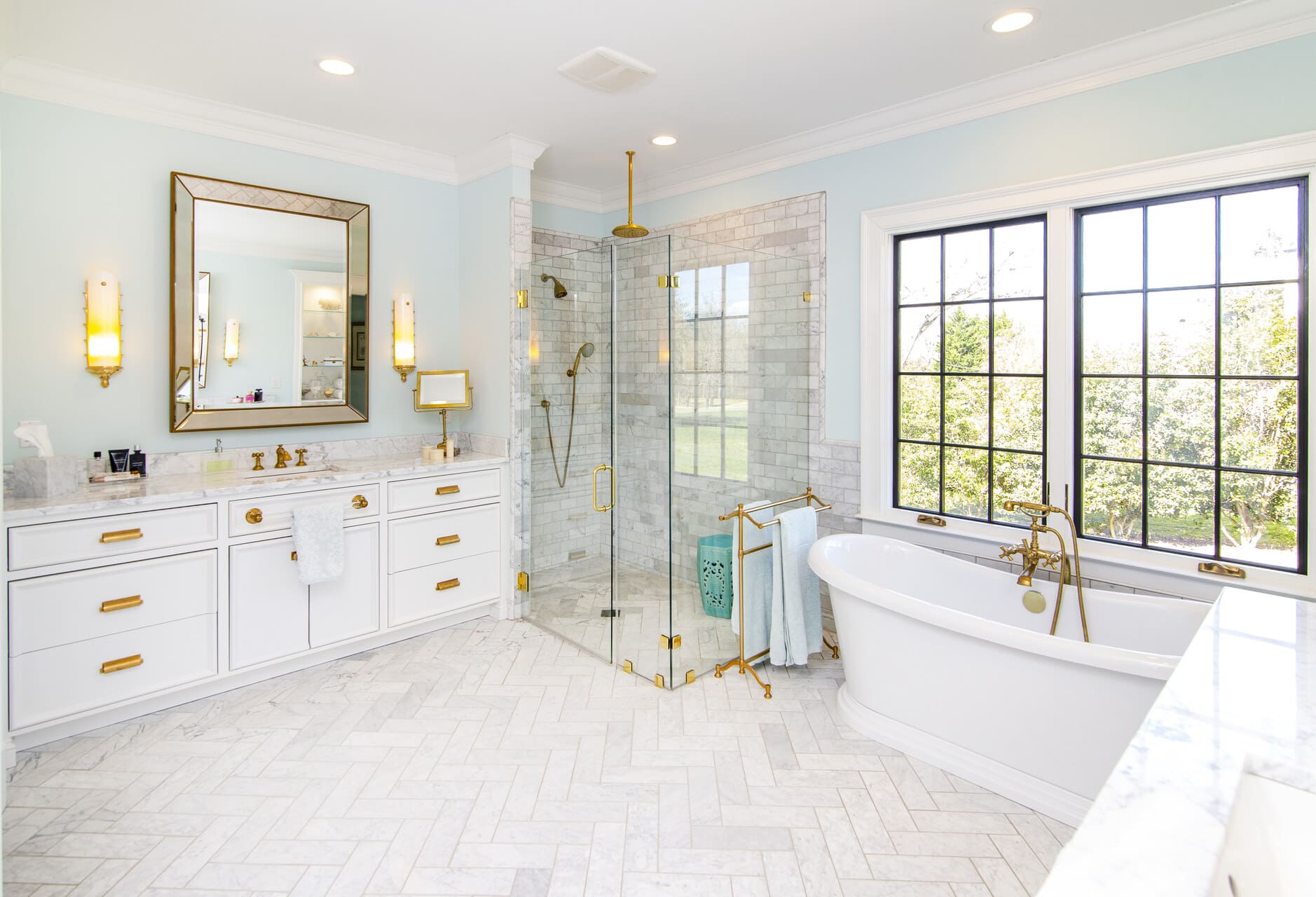 bathroom with a glass walk in shower