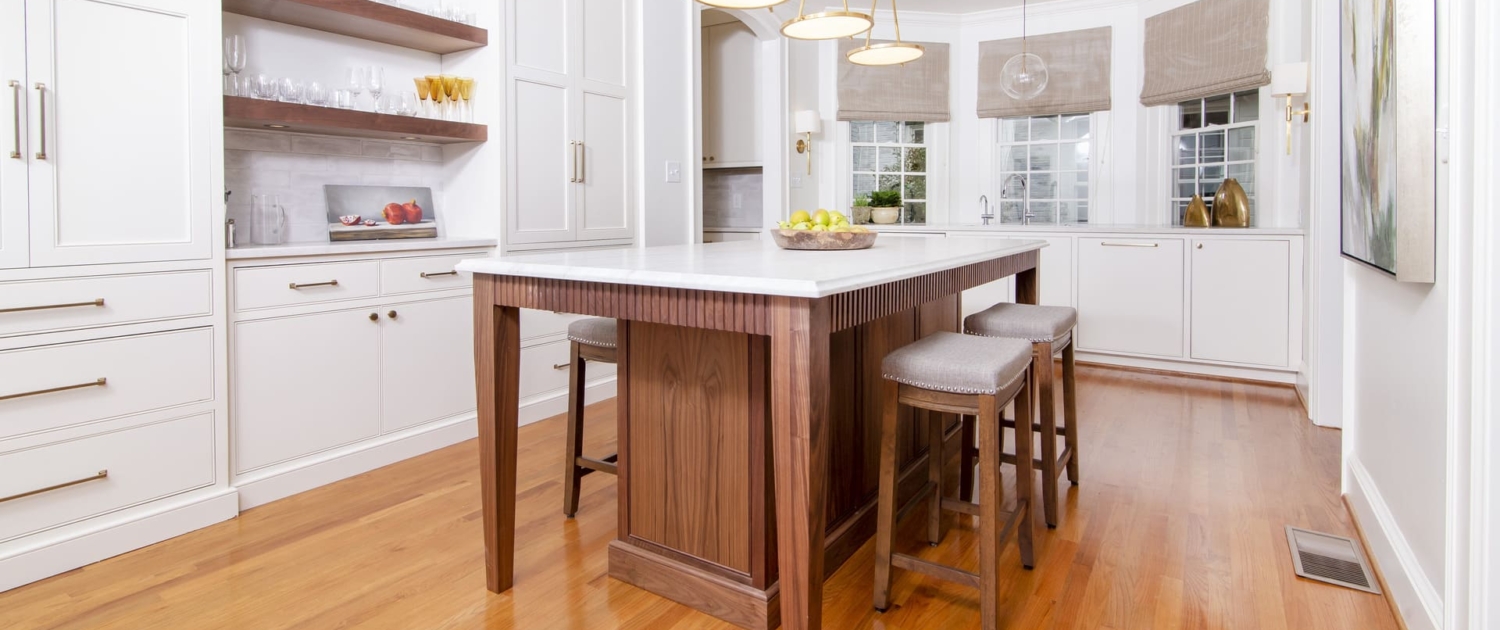 walnut island with light fixtures