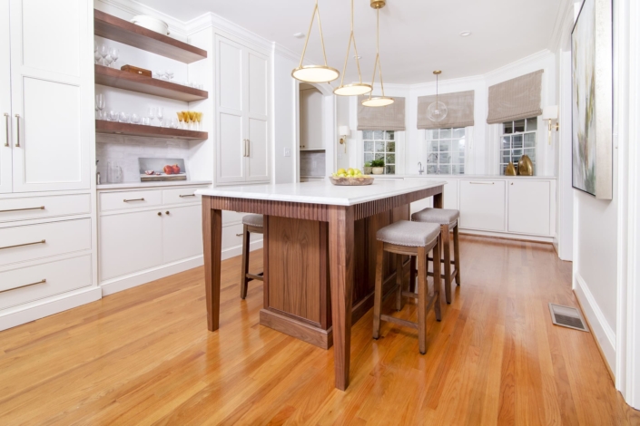 walnut island with light fixtures