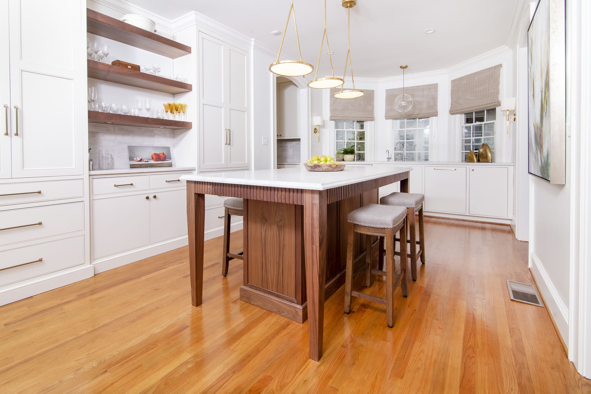 walnut island with light fixtures