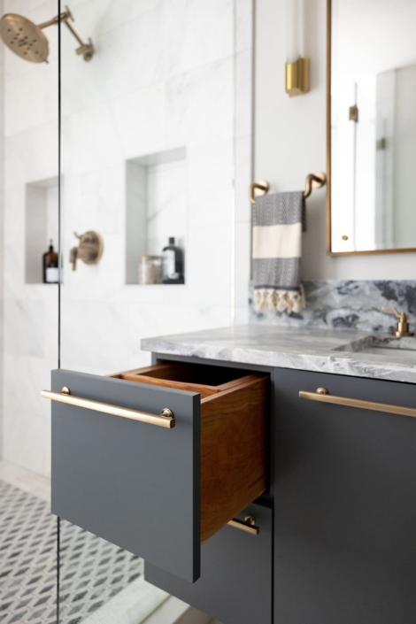 blue bathroom vanity with double drawer