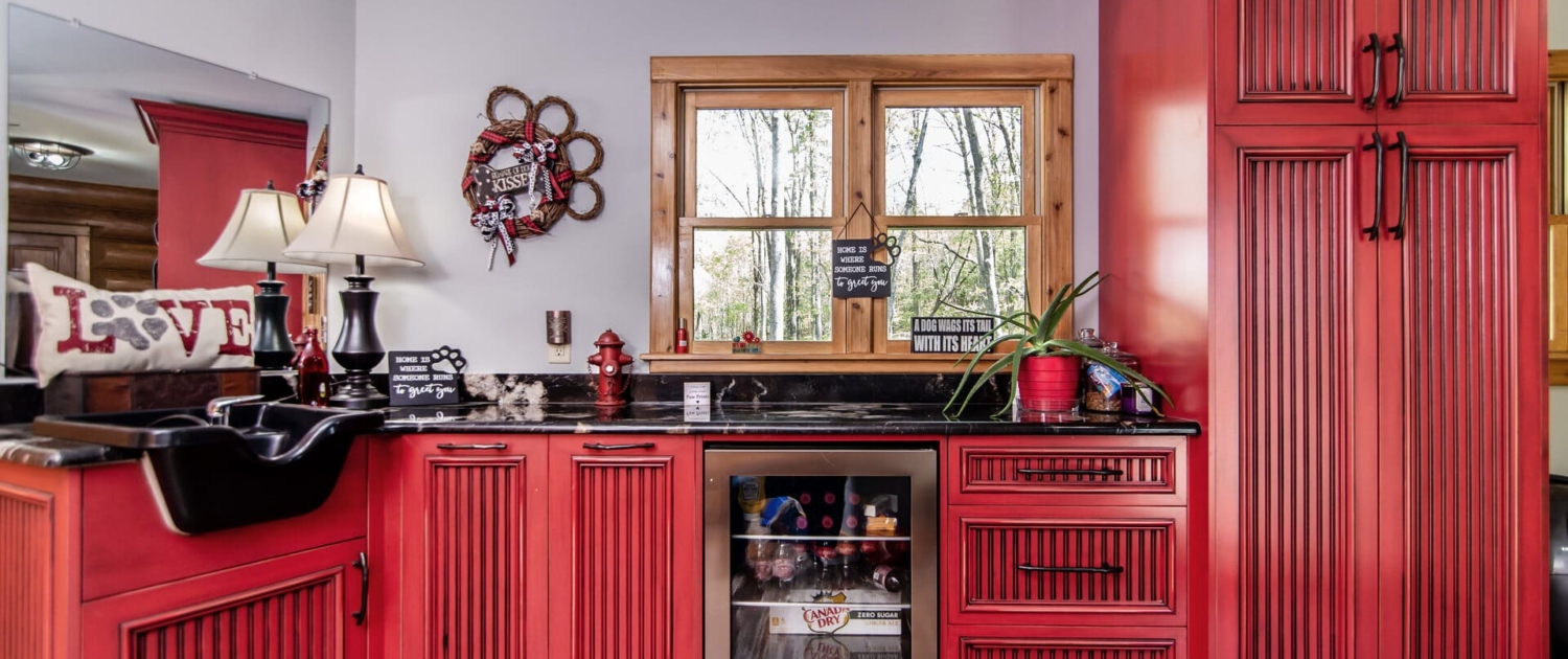 red dog room with windows