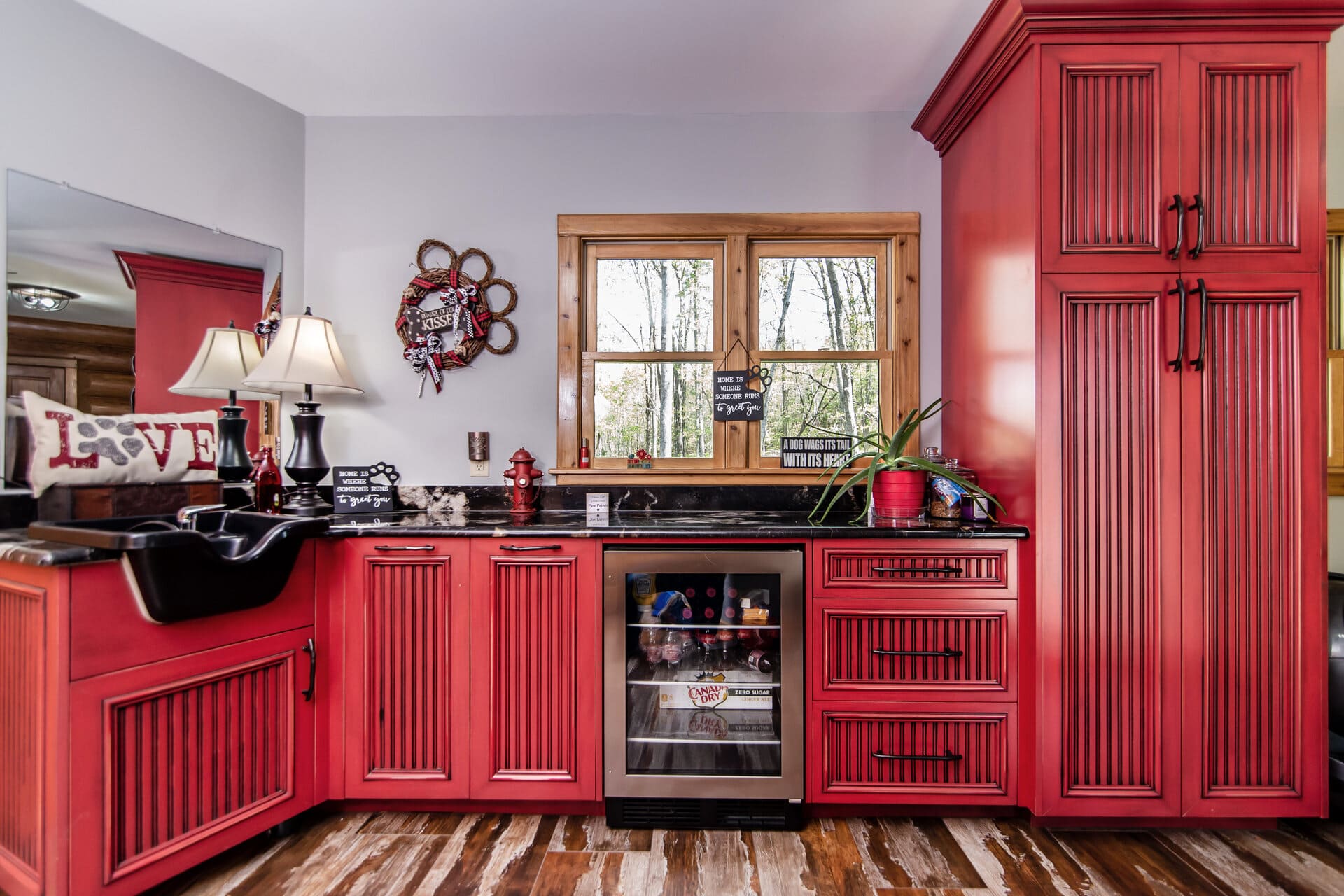 red dog room with windows