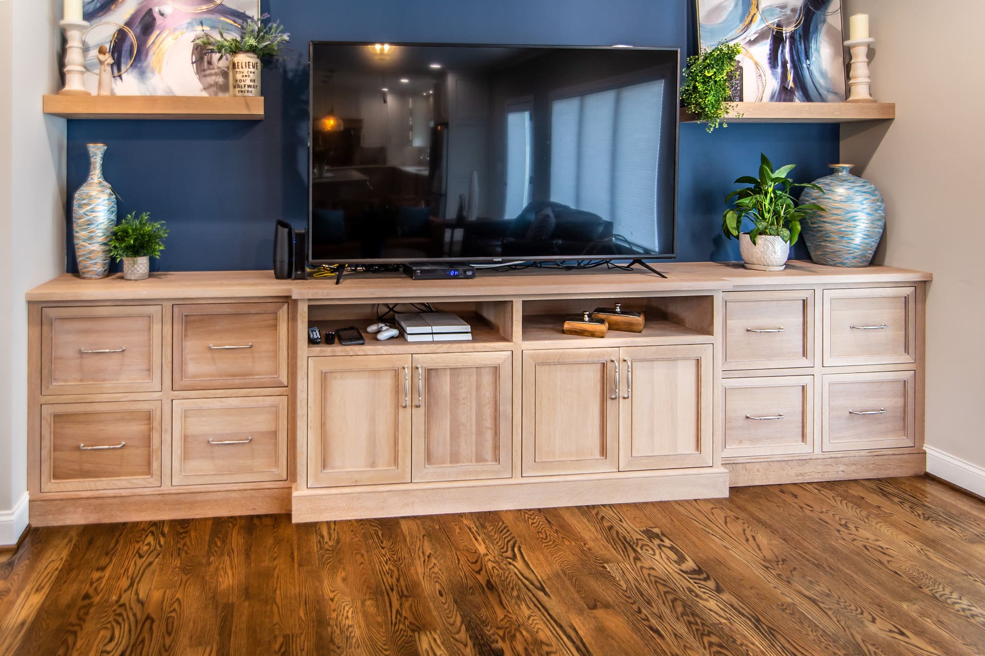 entertainment center with decor