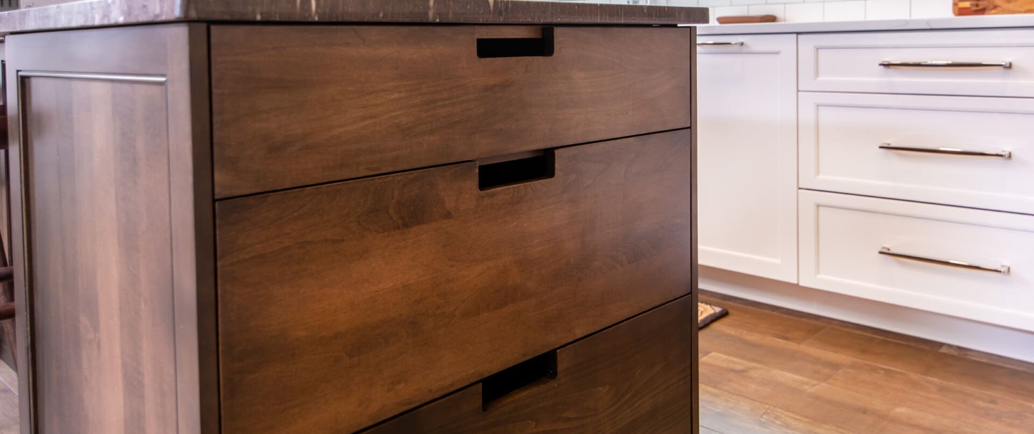notched pulls drawers in a kitchen island