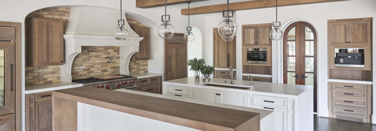 white and brown kitchen with double countertops
