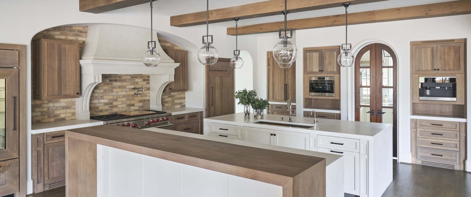 white and brown kitchen with double countertops