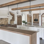 white and brown kitchen with double countertops