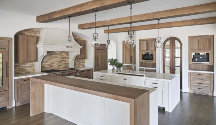 white and brown kitchen with double countertops