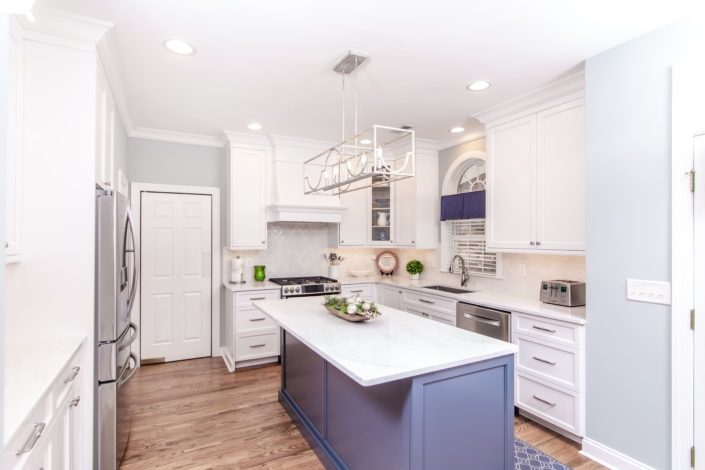 kitchen with blue island