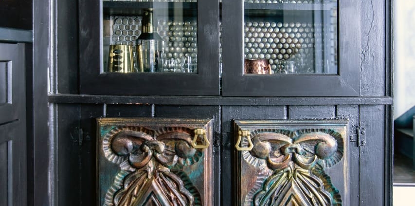 wet bar with glass doors