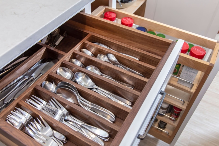 walnut silverware and spice drawers
