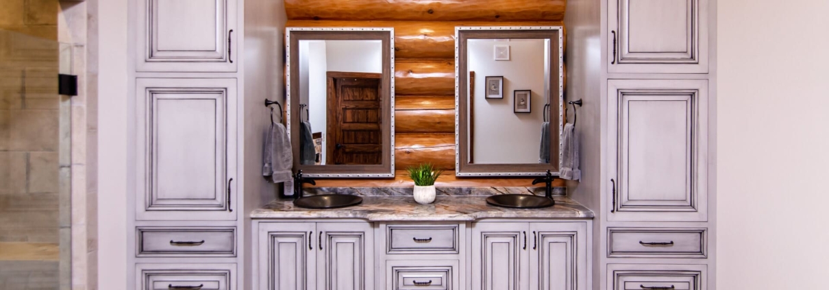gray bathroom in a log cabin