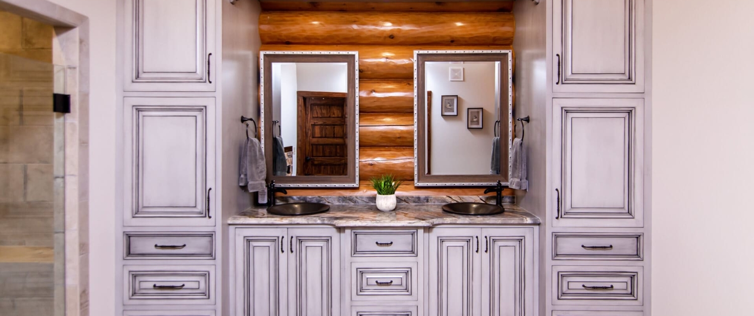 gray bathroom in a log cabin