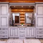 gray bathroom in a log cabin