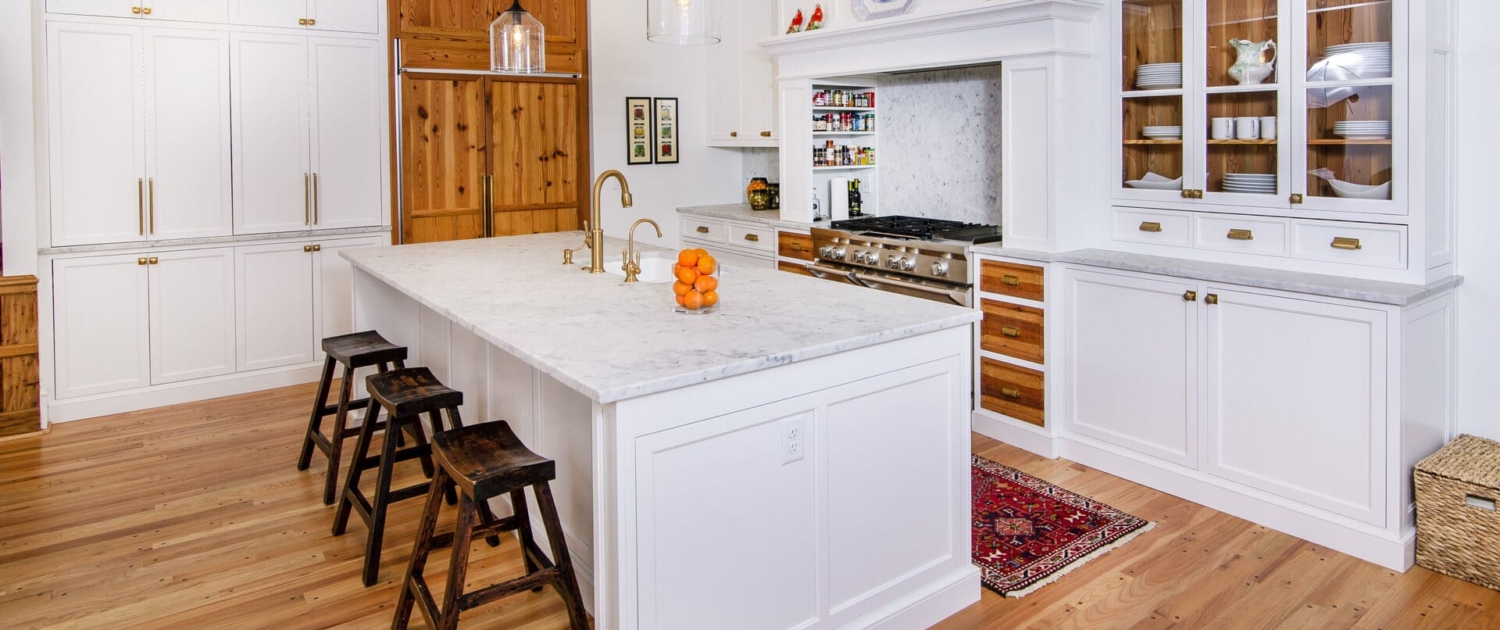 glass cabinets with walnut shelves