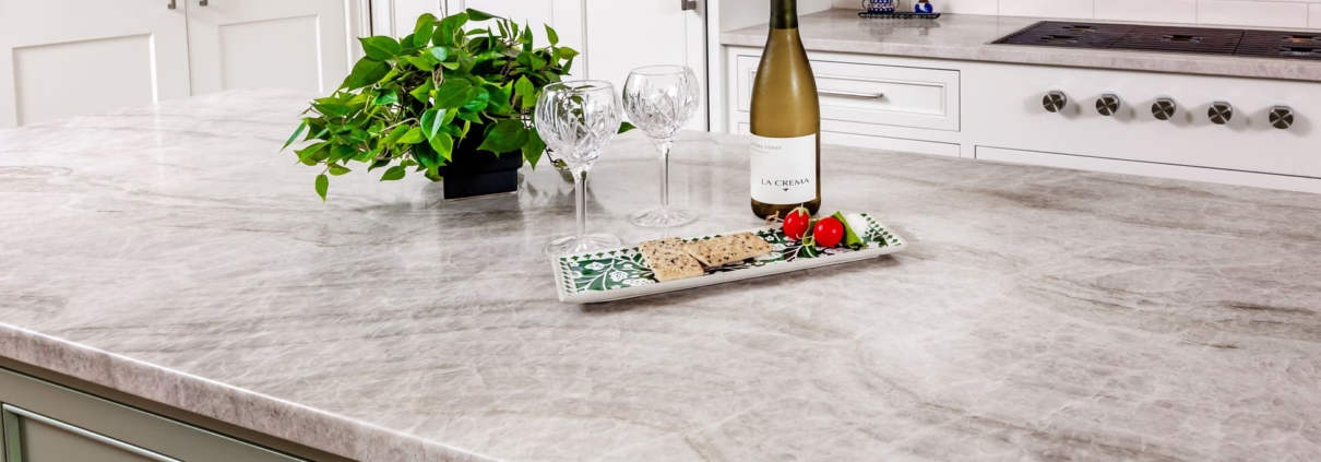 marble countertops with snacks and wine