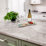 marble countertops with snacks and wine
