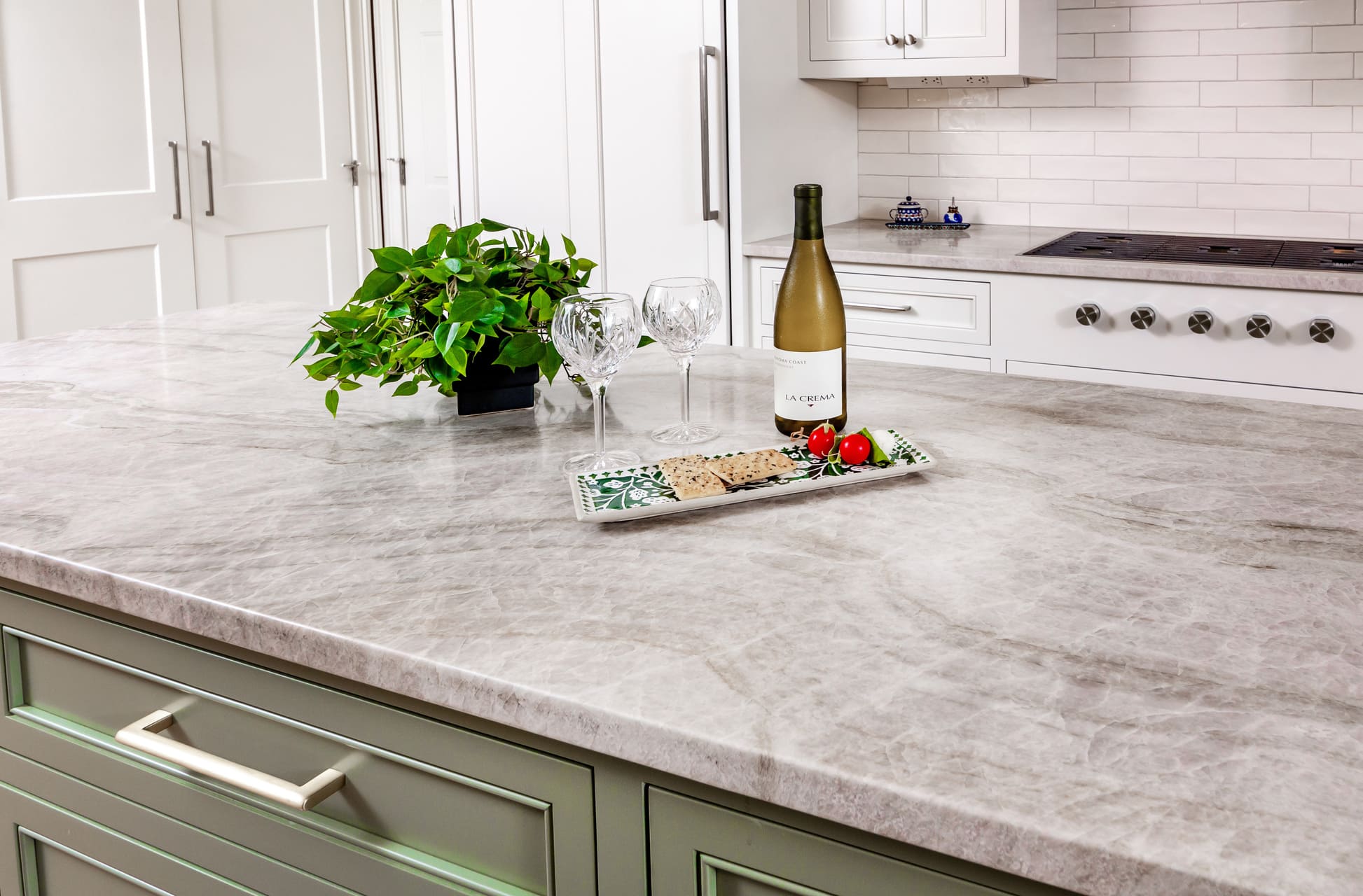 marble countertops with snacks and wine